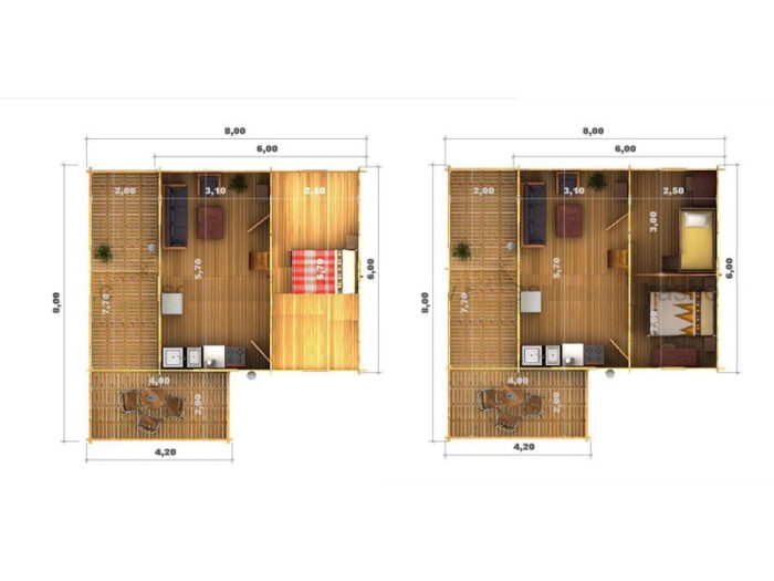 Chatka Katarína 8x8m, 3 izby+podkrovie, terasa 18m², 45mm 10