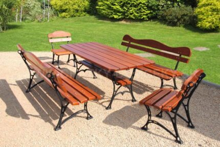 záhradný stôl, lavice a stoličky drevo kov
